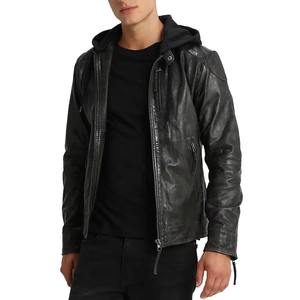 Blouson de motard en cuir noir personnalisé avec capuche en tissu amovible, poches zippées sur le devant, fournisseur en gros de vêtements de moto aux États-Unis - Product Image 1