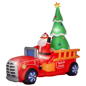 Decorazione da Giardino Gonfiabile in PVC di 2,3 m con Babbo Natale al Volante di un Camion dei Pompieri, Luci LED e Albero - Product Image 1