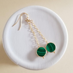 Boucles d'oreilles pendantes en forme de pièce de monnaie en malachite, pierre précieuse naturelle verte, plaqué argent, bijoux faits à la main pour femmes - Product Image 3