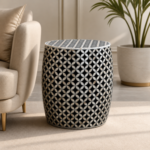 Geometric Bone Inlay Drum Side <b>Table</b> Round Accent <b>Stool</b> Modern Living Room Ottoman - Product Image 1