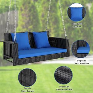 Sedia a dondolo da giardino in rattan nero da 49 pollici con cuscino blu per uso esterno - Product Image 5