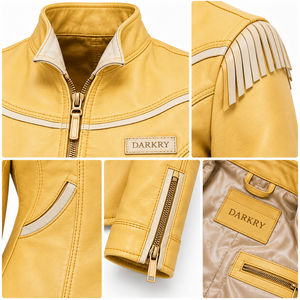Chaqueta de cuero auténtico amarillo pastel con ribete crema, flecos, y cuello occidental, puños con cremallera, para mujer, cuello alto, ropa exterior, proveedor de fábrica personalizado - Product Image 6