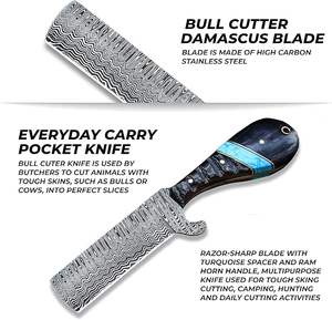Couteau de boucher de cowboy en acier Damas forgé à la main, lame fixe pleine longueur, manche en corne de taureau, personnalisable OEM, avec étui en cuir plat - Product Image 3