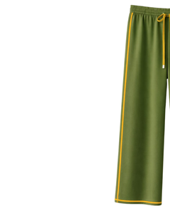 Pantalon de survêtement large vert olive personnalisé pour femme avec bande latérale jaune, taille élastique et cordon de serrage, décontracté, pour la détente, approvisionnement en gros OEM - Product Image 3