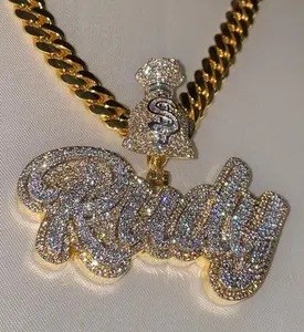 Collar Hip Hop para Mujer con Colgante Personalizado con Nombre en Estilo Script, con Dije de Bolsa de Dinero, en Plata de Ley Chapada en Oro de 14K y Moissanita - Product Image 2