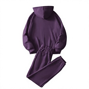 Women Purple Hooded Sweatshirt Jogger Set Solid Color Two Piece Tracksuit Casual Loose Fit Full Sleeve Knitted Cotton - Product Image 2