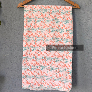 Tela de Algodón Puro Orgánica Transpirable Tejida a Mano con Estampado de Bloques de Jaipur - Estampado Floral de Enredaderas en Tono Azul Verdoso y Naranja, Venta al por Mayor por Metros - Product Image 1