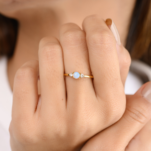 18K Solid Gold Opal Diamond Three Stone <b>Dainty</b> Engagement <b>Ring</b> - Product Image 1