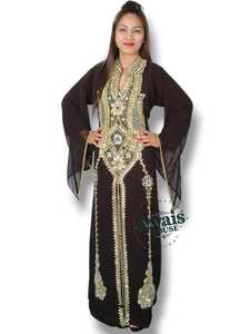 Kaftan Abaya longue en mousseline de soie pour femme, coupe droite, col montant, manches longues, couleur unie, avec broderie de sequins et appliqués, idéal pour les soirées - Product Image 5