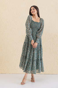 Vestido Maxi de Gasa con Estampado Floral, Mangas Largas, Cintura Elástica, Detalle Fruncido, Estilo Boho, Corte Holgado, Ropa Casual de Primavera, Hermoso - Product Image 3