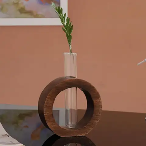 Vase mural rond en bois avec tube en verre, style Art Déco, écologique, fait main, support décoratif pour une seule branche, 4-6 pouces - Product Image 1