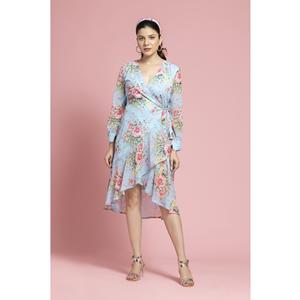 Vestido Midi Cruzado de Georgette Azul Cielo Estilo Vintage para Mujer, Manga Corta, Holgado y Cómodo, Precio al por Mayor - Product Image 1