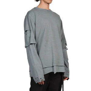 เสื้อยืดแขนยาวผู้ชายทรงโอเวอร์ไซส์ สีเทา ผ้าถัก คอโอ สไตล์สตรีท สีพื้น ดีไซน์ขาดๆ - Product Image 6