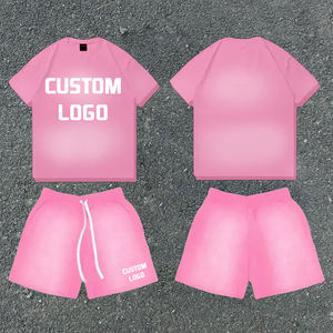 Custom Logo Pink Men's 2-Piece T-Shirt and Shorts <b>Set</b> Solid Color Casual Summer Wear Crew Neck <b>Knitted</b> Cotton Breathable - Product Image 1