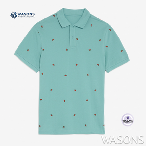 Camiseta Polo de Algodón para Hombre WASONS INTERNATIONAL, Manga Corta, Estampado Casual, Transpirable, Corte Regular, Azul Claro con Diseño de Sandía - Product Image 1
