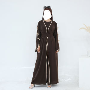 OEM EID Set 2pcs New Abaya Dubai Islamic Clothing <b>Women</b> Modest Bow Sleeves Open Abaya Elegant Inner <b>Slip</b> Modest Abaya Cardigan - Product Image 6