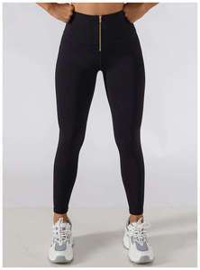 Leggings taille haute pleine longueur avec fermeture éclair avant, sans couture, en Spandex et Polyester, extensibles dans les quatre sens, couleur noire unie, pour le yoga - Product Image 5