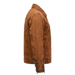 Chaqueta de lona lavada marrón para hombre, estilo motero, con cremallera desviada, puños de doble hebilla, efecto vintage desgastado, abrigo de motociclista. - Product Image 3