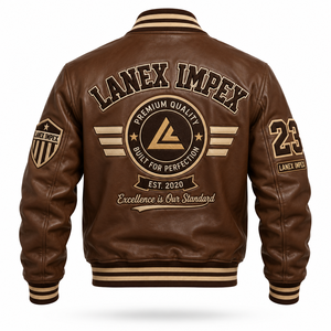 Custom Brown Varsity Letterman <b>Jacket</b> <b>Men</b> PU <b>Leather</b> Baseball College Front Embroidered Chenille Patch Bomber <b>Jacket</b> OEM Bulk - Product Image 3