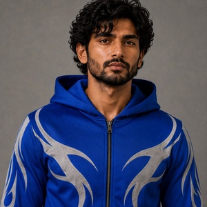 Ensemble de survêtement unisexe épais 2-en-1 bleu roi avec veste à capuche zippée et pantalon large à imprimé abstrait gris - Product Image 5