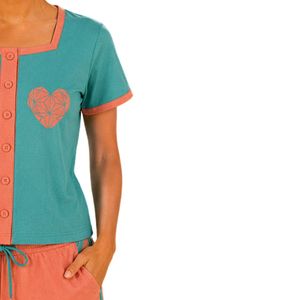 Turquoise And Coral Women Two Piece Shorts Set Square Neck Button <b>Top</b> Heart Print Casual Summer Cotton Lounge Wear Outfit Custom - Product Image 4