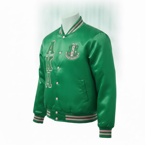 Chaqueta bomber corta de satén bordada para mujer, verde y rosa, estilo universitario griego, ropa de hermandad AKA, chaqueta griega personalizada. - Product Image 3