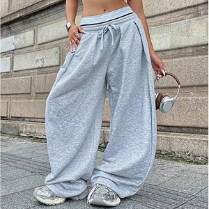 Pantalon de danse décontracté sportif ODM pour femme, gris automne, coupe ample, taille haute, jambe large, rayé, style hip-hop, nouveau style américain rétro - Product Image 2