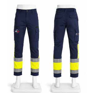 Pantalon de travail unisexe bleu marine haute visibilité respirant et réfléchissant, bandes jaunes, plusieurs poches, coupe classique, résistant à l'eau - Product Image 1