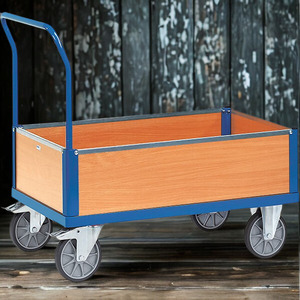 Heavy duty wooden side panel platform <b>trolley</b> cart <b>with</b> caster wheels for warehouse industrial transport use - Product Image 2
