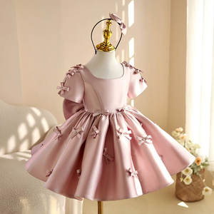 Elegant <b>Pink</b> Satin Bow Dress for Girls Puffy Short Party Dress | Luxury Princess Birthday Outfit 1–8 Years - Product Image 2