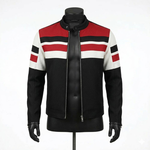 Chaqueta de Cuero Genuino para Hombre, Diseño Moderno con Bloques de Color, Chaqueta de Cuero Transpirable de Alta Calidad con Cuello Alto para Invierno - Product Image 1