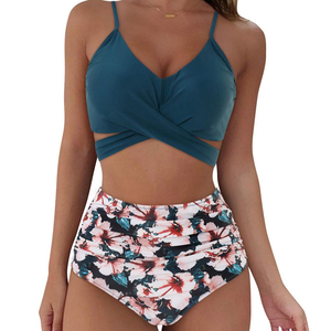 Ensemble bikini deux pièces pour filles, bas taille haute, haut bandeau avec détail cordon de serrage, Spandex/Polyester, anti-UV - Product Image 2
