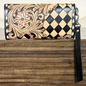 Portefeuille long pour femme en cuir de vachette fait main, motif à carreaux bohème vintage, avec dragonne, design floral western - Product Image 5