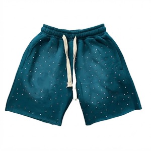 Shorts décontractés pour hommes à pois turquoise avec cordon de serrage, taille élastique, en tissu tricoté respirant, taille mi-haute et poches - Product Image 3