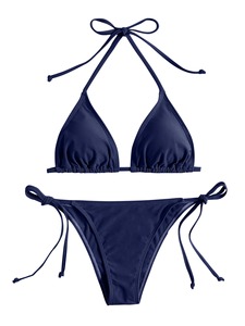 Ensemble bikini femme taille haute couleur unie avec soutien-gorge triangle rembourré amovible en tissu côtelé extensible et décolleté plongeant en V push-up - Product Image 1