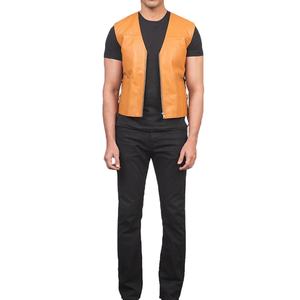 Gilet en cuir véritable marron clair, en peau de mouton véritable, col rond, fermeture boutonnée, respirant, matelassé en polyester, style vintage automne - Product Image 2