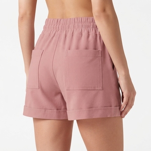 Shorts de Algodón Rosa de Cintura Alta para Mujer, Casuales, con Cordón, Bolsillos, Tejidos, Transpirables, Corte Regular, Color Sólido - Product Image 2