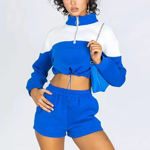 Conjunto Deportivo de 2 Piezas para Mujer con Bloques de Color, Top Corto de Manga Larga y Pantalones Cortos, Tejido Transpirable para Primavera/Verano - Product Image 1