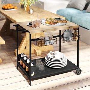 Carrello Portabevande in Legno da Esterno con Ruote e Maniglia, Include Vano Portabottiglie e Portabicchieri - Product Image 2