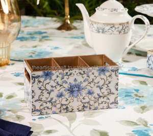 Customizable Blue Cutlery <b>Wood</b> Tableware Storage <b>Caddy</b> Classic Artisan Craft Standing Type for Kitchen and Dining Use - Product Image 2
