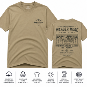 เสื้อยืดแขนสั้นผู้ชาย Wanderlust สีกากี คอกลม ทรงปกติ ลายตัวอักษร สวมใส่สบาย ผ้าฝ้าย 100% ระบายอากาศได้ดี แห้งเร็ว - Product Image 1