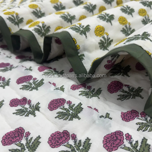 Ridhi Organic Handmade Marigold Print <b>Quilted</b> 100% Cotton Luxury Oversized Blanket Sage Lap <b>Bedding</b> Coverlet - Product Image 1