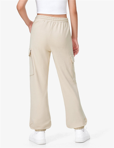Pantalon de jogging cargo ample pour filles, taille élastique, logo personnalisé, tissu tricoté, beige, pour enfants - Product Image 2