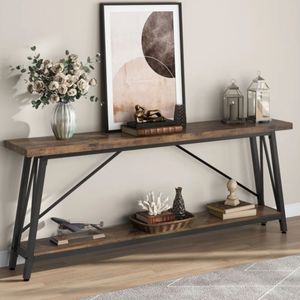 Mesa Consola de 2 Niveles de Madera Maciza de Acacia Natural con Estructura de Metal Negro para Sala de Estar, Entrada, Pasillo, Muebles para el Hogar - Product Image 3