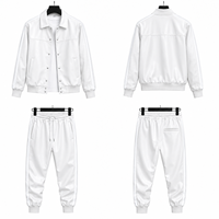 Ensemble veste bomber longue et pantalon blanc pour homme, logo frontal, cuir PU, couleur unie, col rabattu, fermeture boutonnée, vêtement de printemps