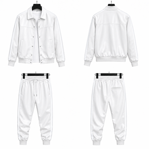 Ensemble veste bomber longue et pantalon blanc pour homme, logo frontal, cuir PU, couleur unie, col rabattu, fermeture boutonnée, vêtement de printemps - Product Image 1
