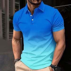 Chemise de golf décontractée pour homme, à manches courtes, en jersey polyester/coton, imprimée à pois bleus par transfert thermique, boutonnée, tricotée, respirante, coupe classique - Product Image 5