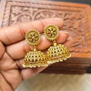 24K Gold Plated Pearl Drop Jhumki Earrings-Ethnic Religious Wedding Jewelry - Product Image 1