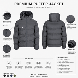 Chaqueta Acolchada con Capucha para Hombre, Cortavientos, con Cierre, Color Sólido, Informal, Gruesa, con Relleno de Poliéster, Corte Regular - Product Image 5
