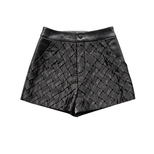 High Waist Woven Leather Shorts Unisex Moto Biker Style Button Fly Black Geometric Pattern Short Shorts - Product Image 1